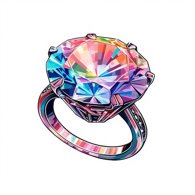 Un dibujo de un anillo con un gran diamante colorido en él generativo ai