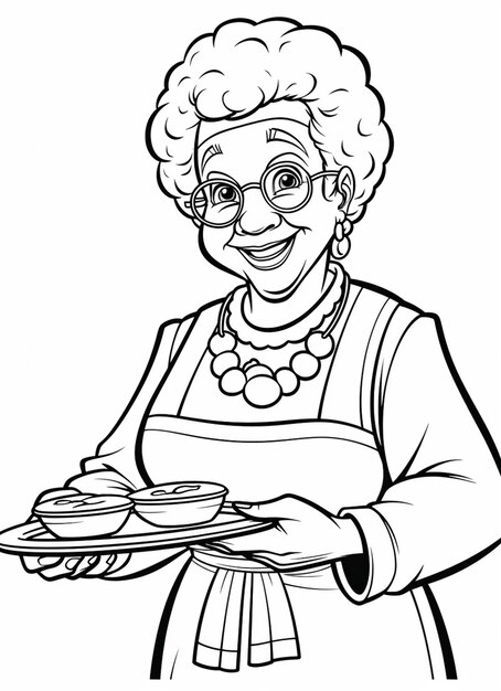 Foto un dibujo animado de una anciana sosteniendo un plato de comida generativa ai