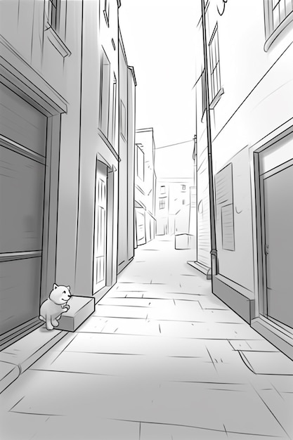 Foto dibujo animado de una calle con un perro sentado en la acera generativa ai