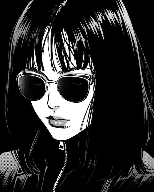 Dibujo animado de una chica de cabello negro con gafas de sol.