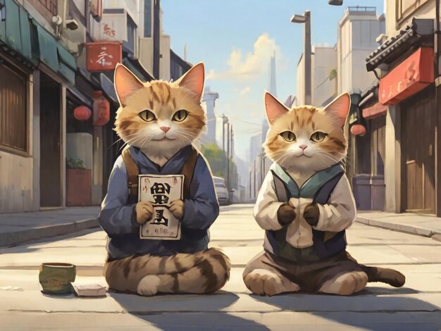 Un dibujo animado de dos gatos sentados en una calle con un cartel que dice shibuya