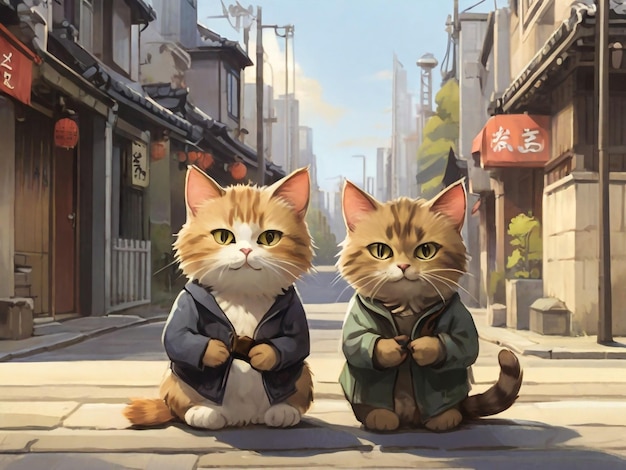 Un dibujo animado de dos gatos sentados en una calle con un cartel que dice shibuya