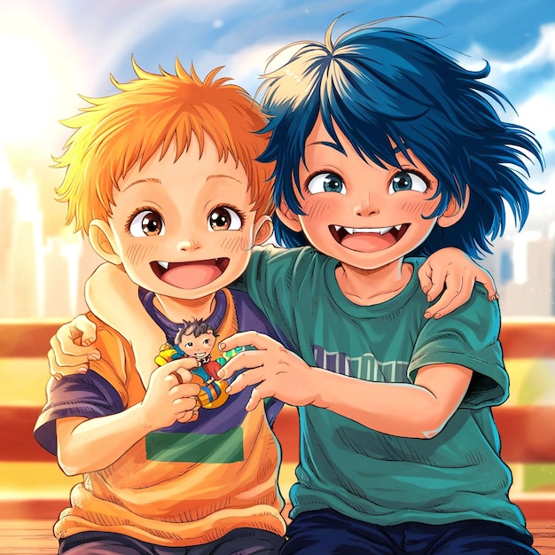 Un dibujo animado de dos niños que son buenos amigos