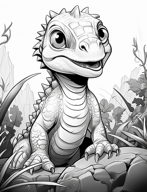 dibujo animado de un dragón sonriente sentado en una roca en la selva generativo ai