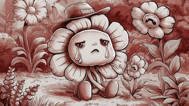 un dibujo animado de una flor con las palabras llorando triste