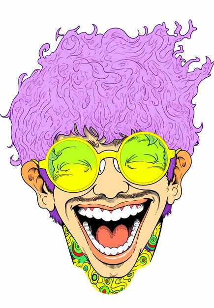 Foto dibujo animado de un hombre con cabello morado y gafas de sol sonriendo generativo ai
