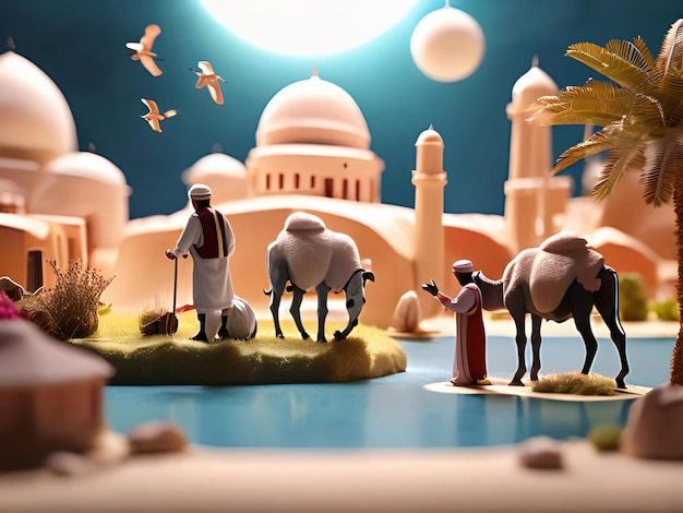 Un dibujo animado de un hombre y un camello con una mezquita en el fondo Eid ul Adha