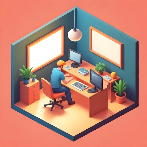 Foto un dibujo animado de un hombre trabajando en una computadora con un hombre trabajando en su computadora