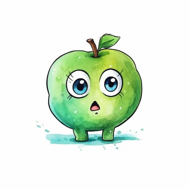 Foto dibujo animado de una manzana verde con una cara sorprendida