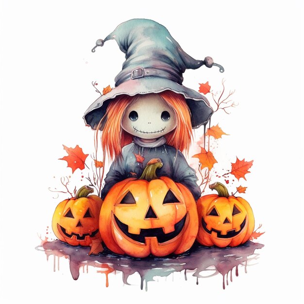 Un dibujo animado de una niña sentada junto a una calabaza con las palabras halloween en él.