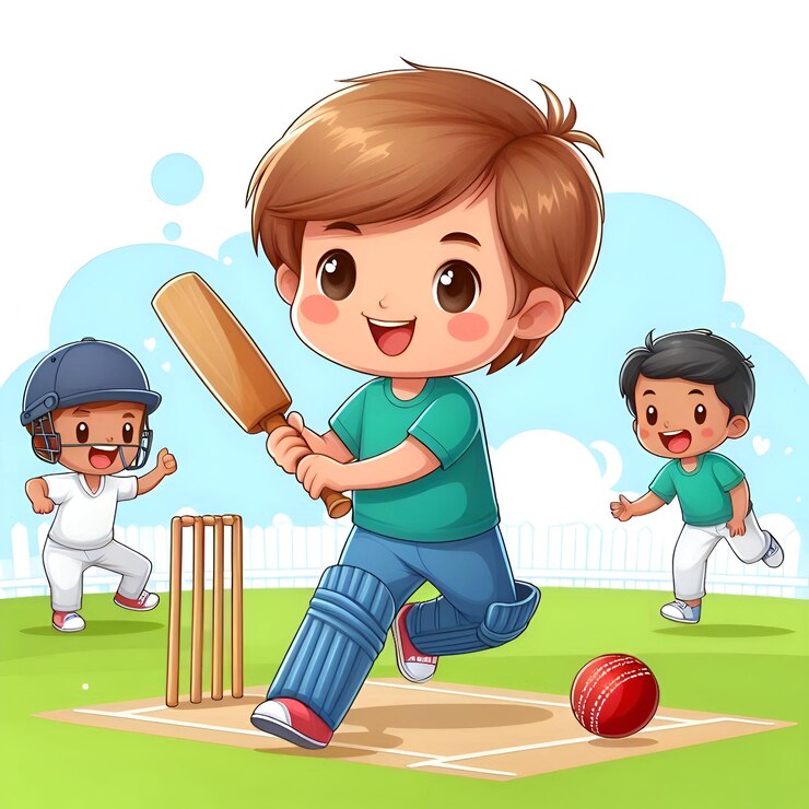 un dibujo animado de un niño jugando al cricket con otros niños jugando al béisbol