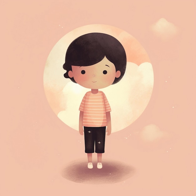 Foto un dibujo animado de un niño pequeño con un fondo rosa con un círculo rosa en el fondo.