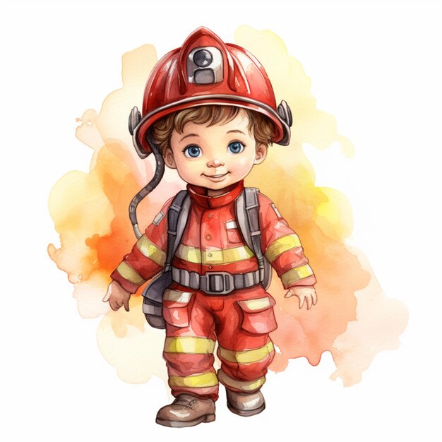 Foto dibujo animado de un niño pequeño vestido con un uniforme de firemans generativo ai