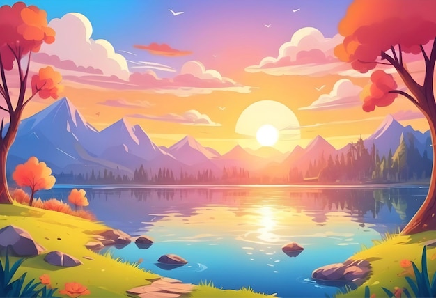 dibujo animado Panorama de un hermoso amanecer sobre el lago