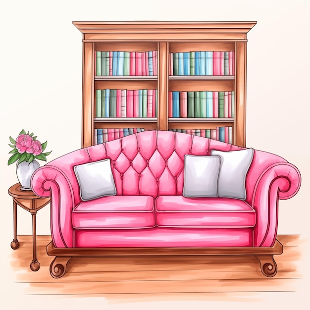 un dibujo animado de un sofá rosa con almohadas y un jarrón de flores ai generativo