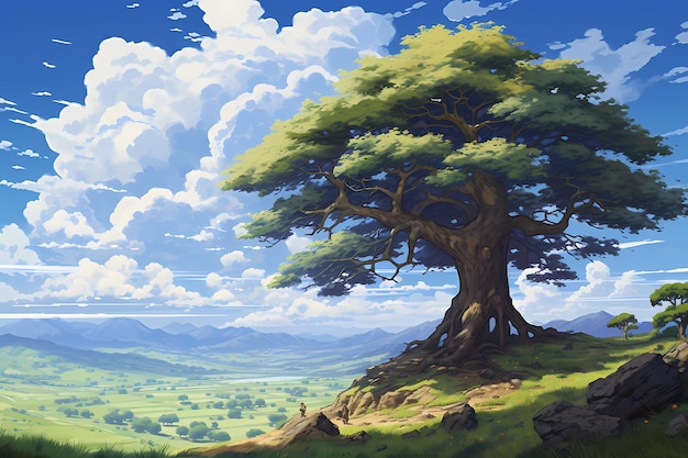 dibujo de anime de un árbol y nubes en un campo soleado