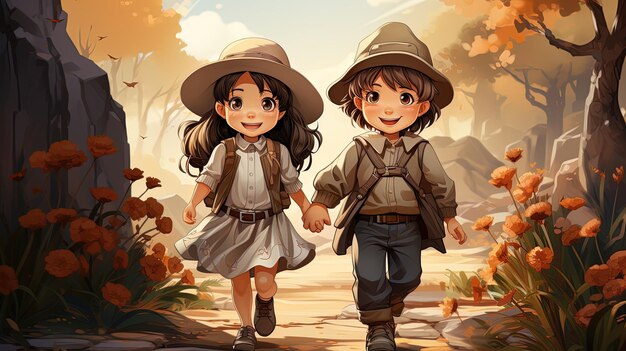 Dibujo de anime de un niño y una niña tomados de la mano caminando felices por la calle