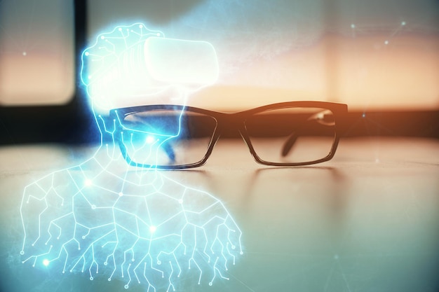 Dibujo de AR con gafas en el fondo de la mesa Concepto de realidad aumentada Doble exposición