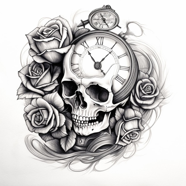 dibujo arafed de una calavera y rosas con un reloj ai generativo
