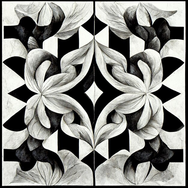 dibujo arafed de un diseño de flores en blanco y negro generativo ai