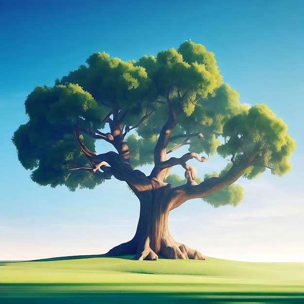 Un dibujo de un árbol con un cielo azul de fondo.