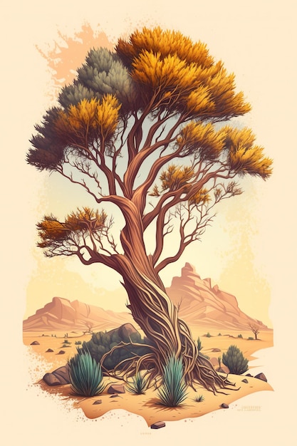 Un dibujo de un árbol en el desierto.