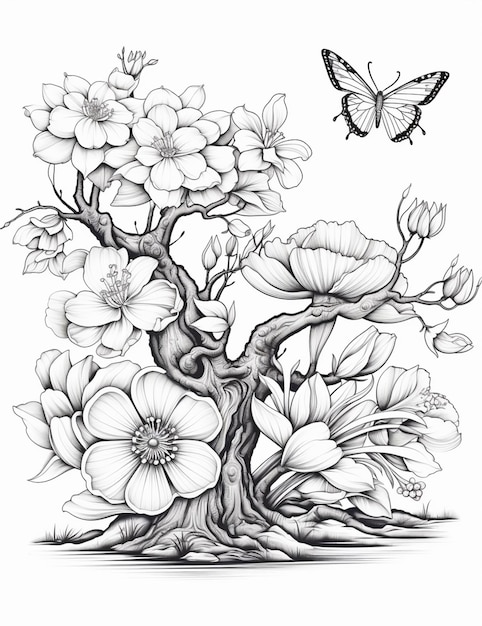 Foto un dibujo de un árbol con flores y una mariposa ai generativo