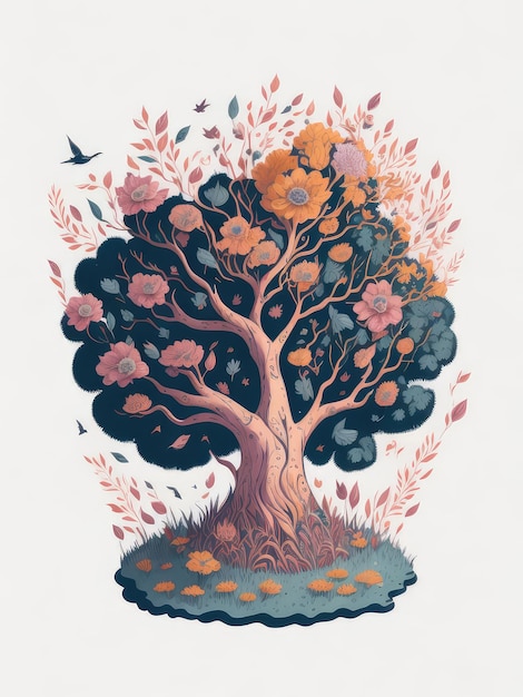 Foto un dibujo de un árbol con flores y pájaros.