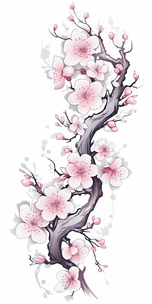 Un dibujo de un árbol con flores rosas en él ai generativo.