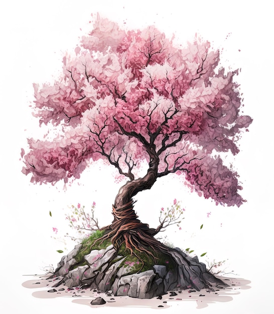 Un dibujo de un árbol con flores rosas.