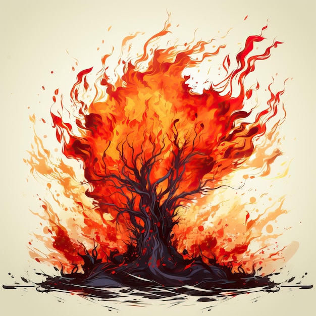 un dibujo de un árbol con un fuego en él