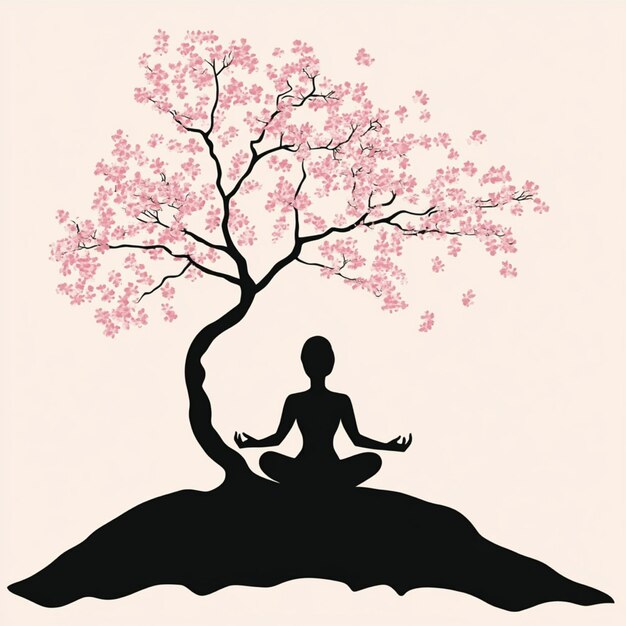 un dibujo de un árbol con un hombre meditando bajo él