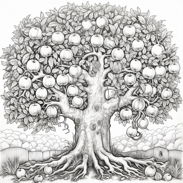 Un dibujo de un árbol con manzanas creciendo en él generativo ai