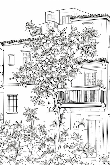 Un dibujo de un árbol con naranjas creciendo frente a un edificio generativo ai