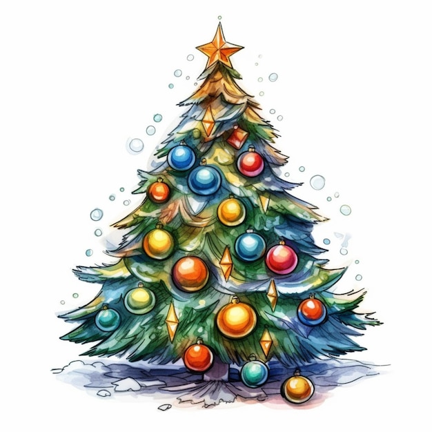 Un dibujo de un árbol de navidad con adornos y una estrella generativa ai.