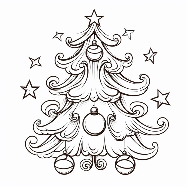 un dibujo de un árbol de navidad con adornos y estrellas ai generativo