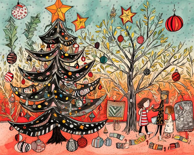 Foto un dibujo de un árbol de navidad con una niña y un niño en una camisa roja