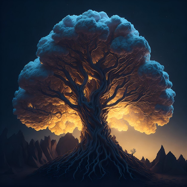 Un dibujo de un árbol con la nube de palabras en él