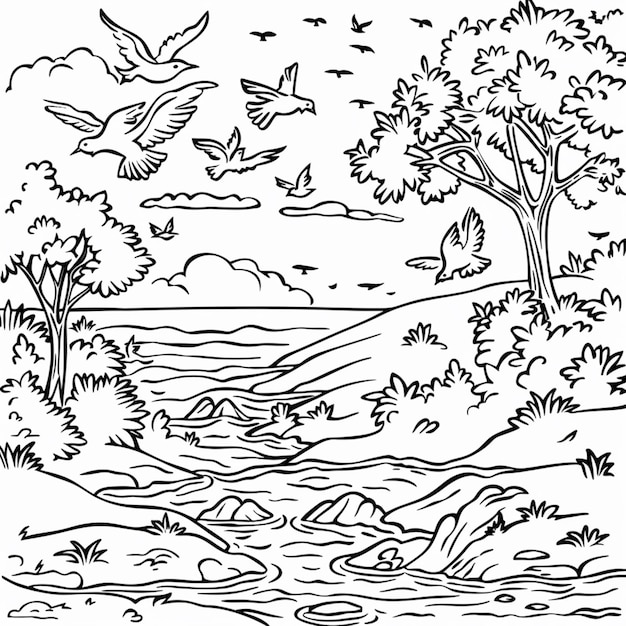 un dibujo de un árbol y un pájaro volando en el cielo