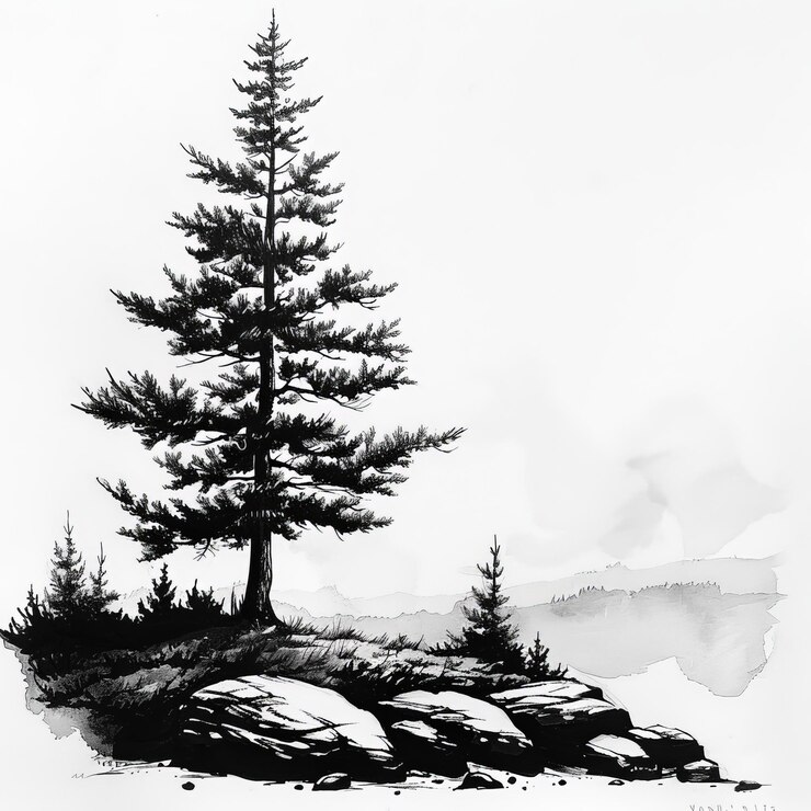 Foto un dibujo de un árbol de pino en un fondo blanco con un dibujado de un pino