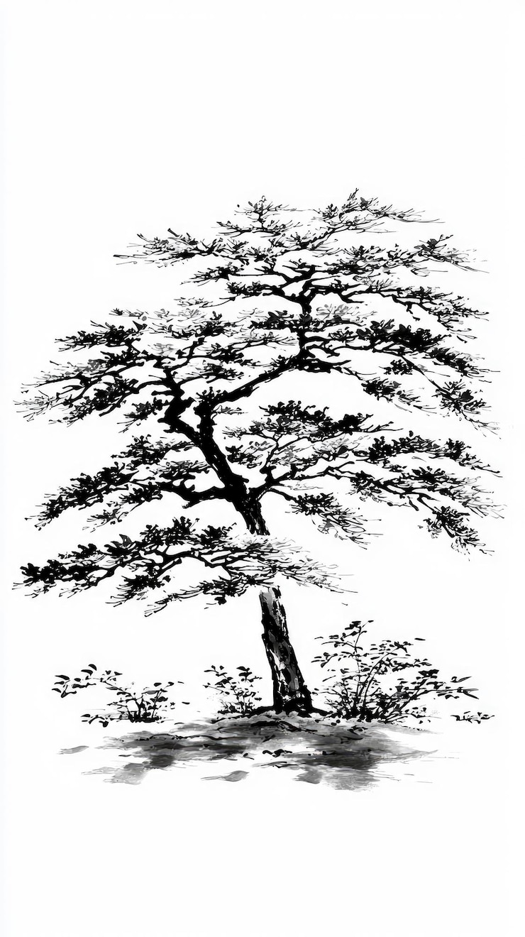 Foto dibujo de un árbol en tinta negra y blanca