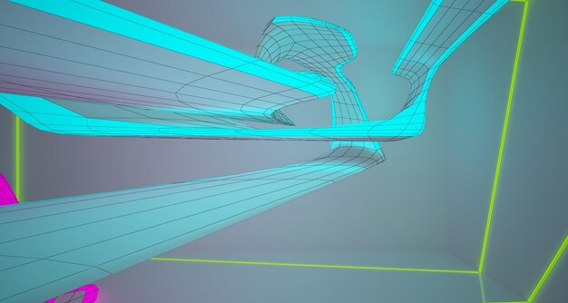 Dibujo arquitectónico abstracto interior blanco de una casa minimalista con gradiente de color neón en la luz