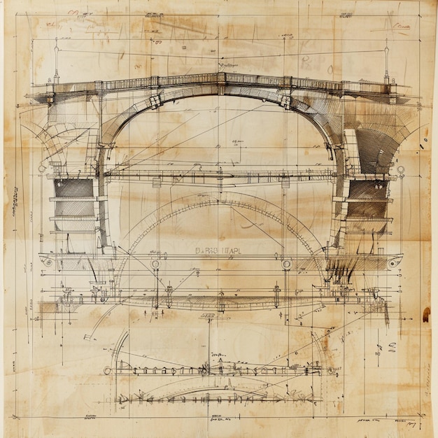 Un dibujo arquitectónico de un puente con anotaciones y medidas detalladas