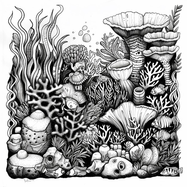 un dibujo de un arrecife de coral con las palabras " vida marina " en él