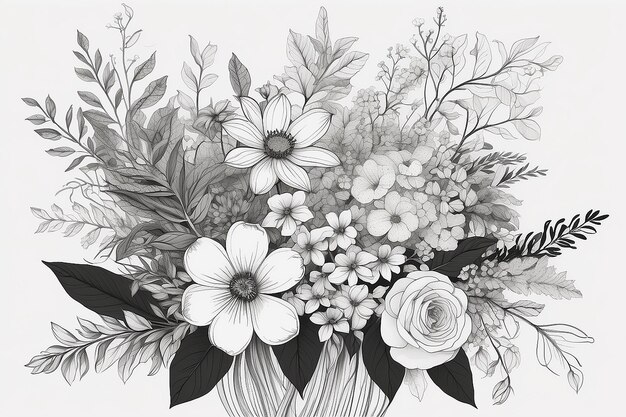 Un dibujo de un arreglo floral con hojas y flores generativas ai