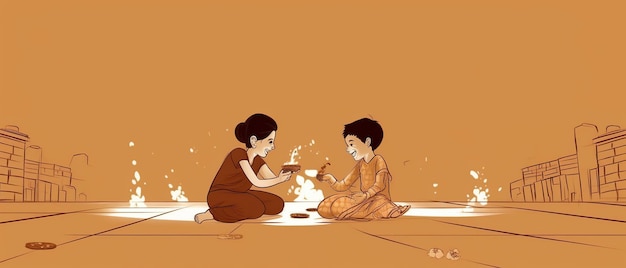 Foto dibujo de arte lineal para el concepto de feliz diwali niños de dibujos animados jugando galletas ai generated