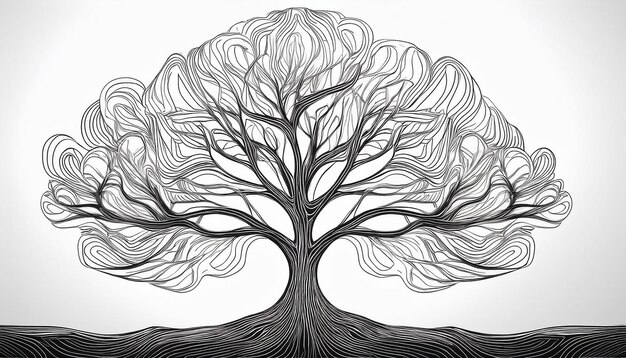 Dibujo de arte de líneas abstractas de un árbol sobre un fondo blanco aislado Elemento natural Dibujado a mano