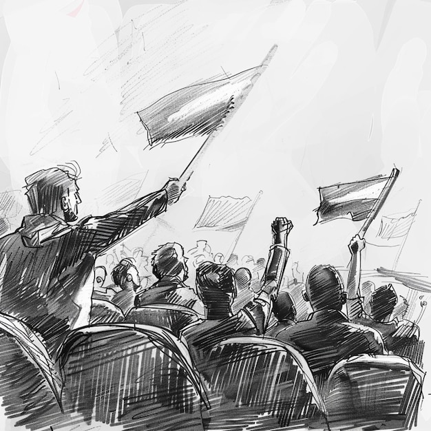 dibujo artístico de aficionados agitando banderas en los asientos del estadio