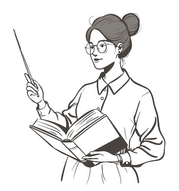 dibujo artístico de una maestra sosteniendo un libro y señalando con un palo sobre un fondo blanco