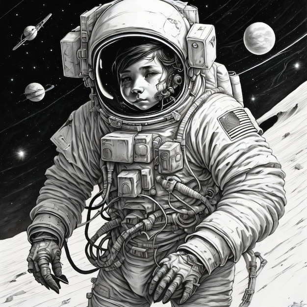 Un dibujo de un astronauta en el espacio con la luna en el fondo.